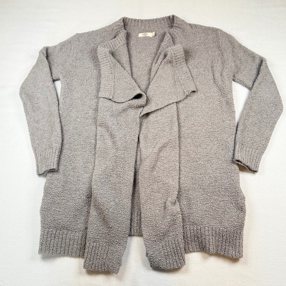 UGG Women Grey Fleece Open Front Draped Cardigan Sweater Pockets 1106389 Size S